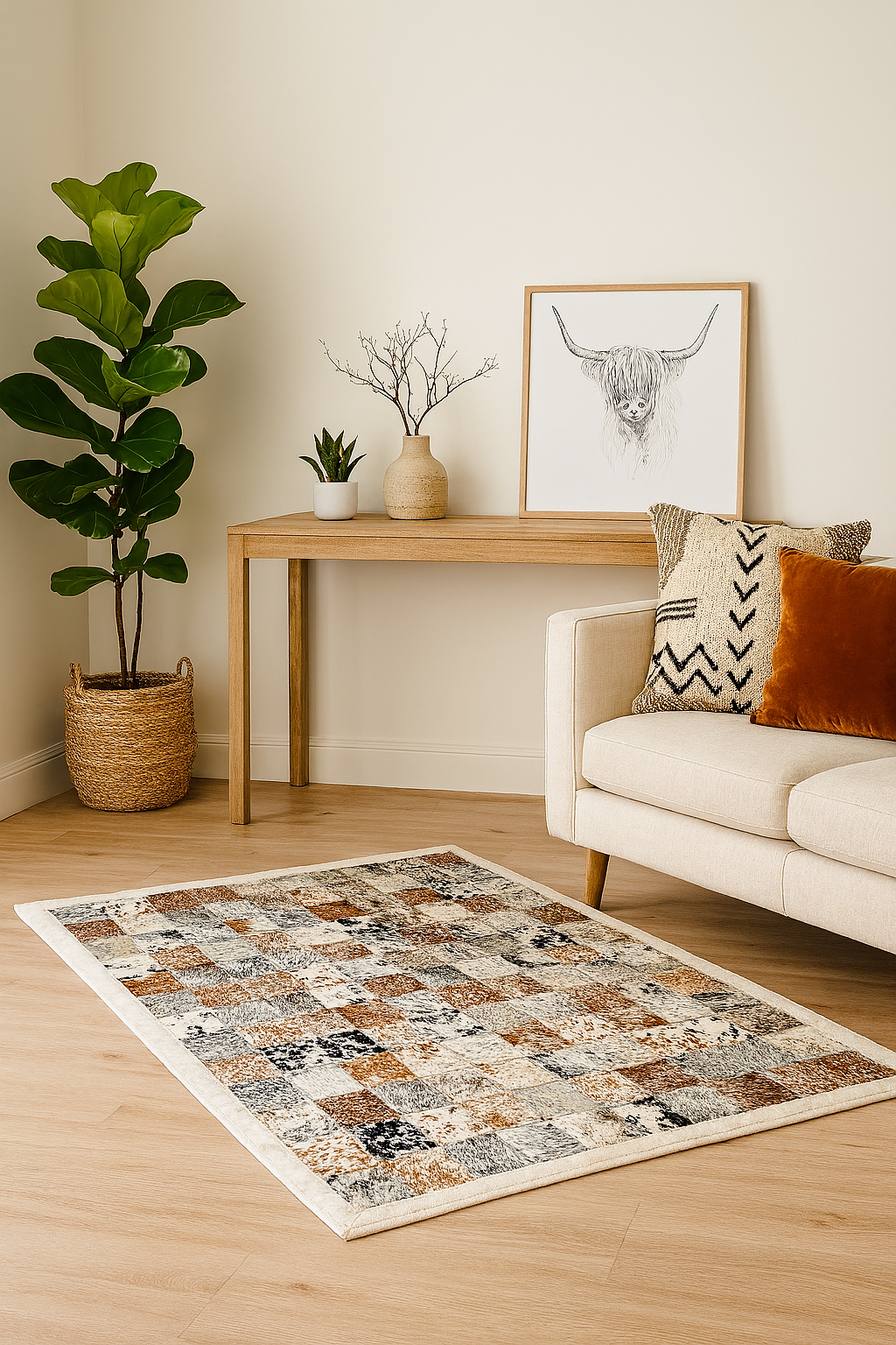 Alfombra De Cuero Natural Con Pelo 150x200 Patchwork Premium