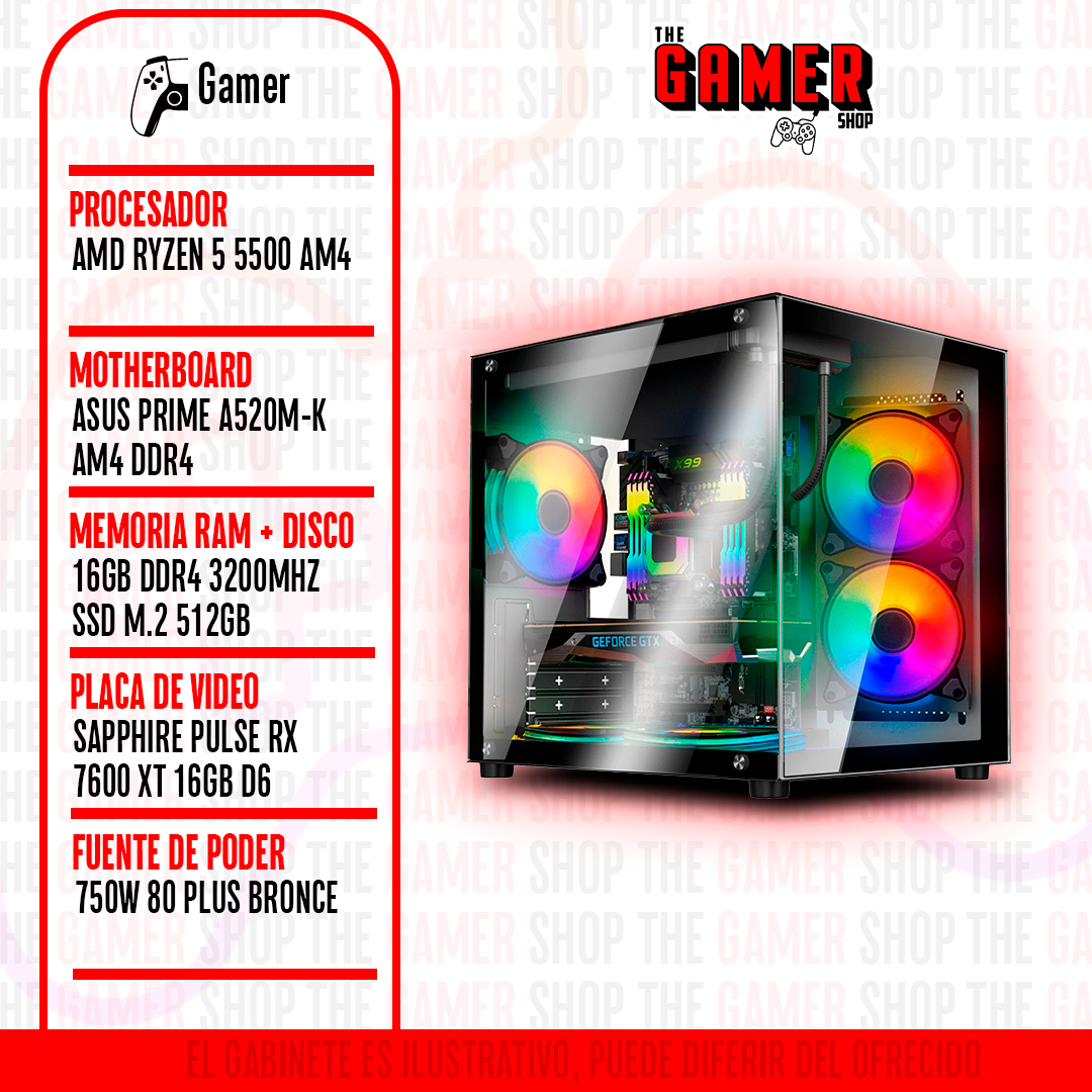 PC GAMER | RYZEN 5 5500 - RAM 16GB - 512GB M.2 - RX 7600 XT 16GB | N200 + WINDOWS11