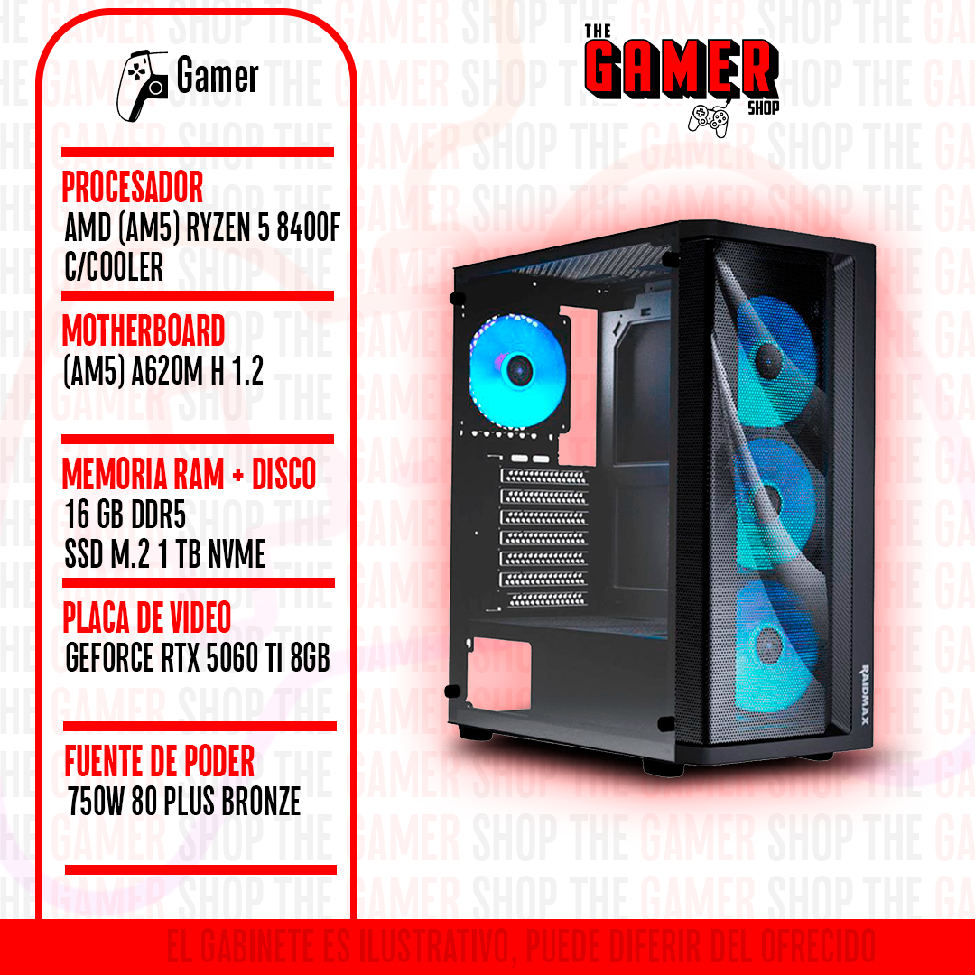 PC GAMER | RYZEN 5 8400F - RAM 16GB DDR5 - 1TB M.2 - RTX 5060 TI 8GB | N290 + WINDOWS11